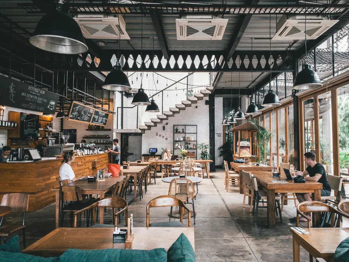 Illustrative restaurant interior with shared tables
