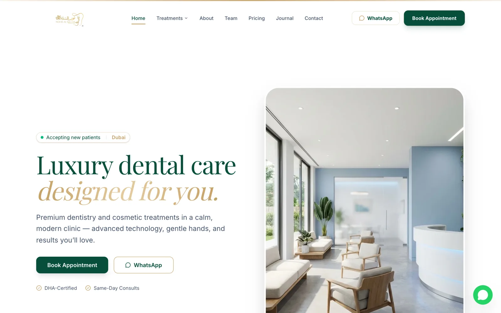 Noor al Salam Dental and Aesthetics website with a luxury dental care headline and a bright clinic reception