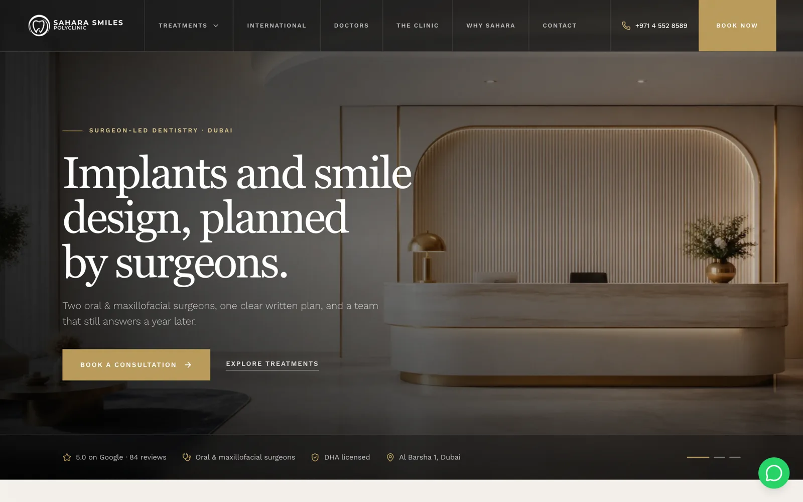 Sahara Smiles Polyclinic website with a surgeon-led dentistry headline over a modern clinic interior