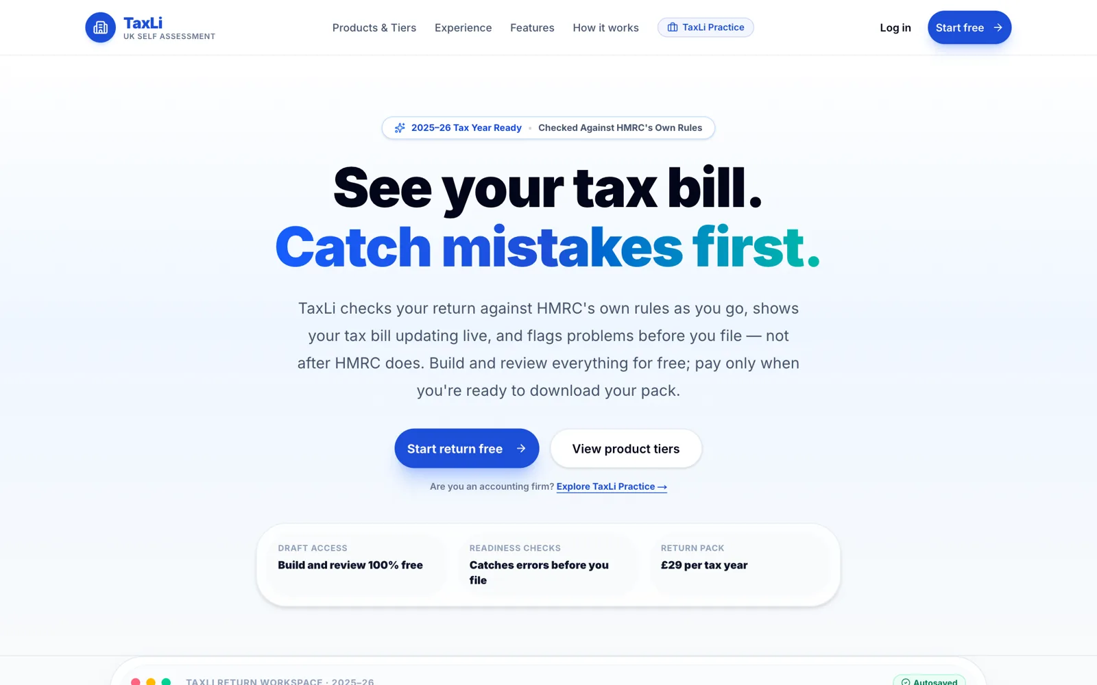 TaxLi UK Self Assessment website with the headline See your tax bill, catch mistakes first
